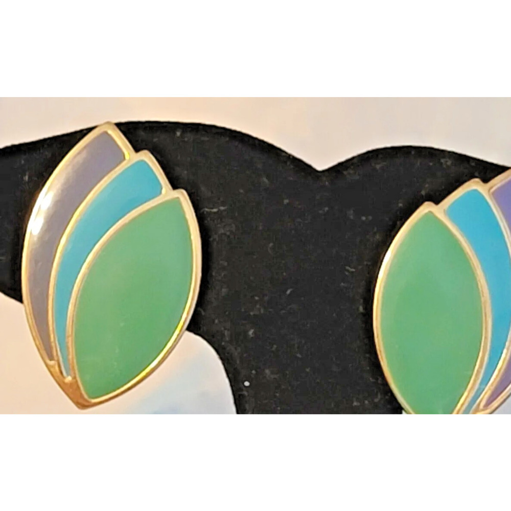 Vintage Pierced Earrings 1.25" Blue Green‎ Purple Leafs Gold-tone & Enamel bp-15